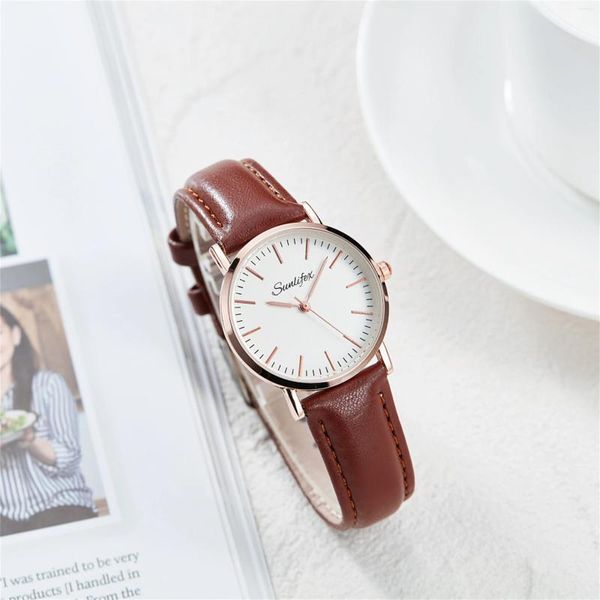 Relógios de pulso casual moda senhoras relógio liga caso pulseira de couro redondo dial simples tira quartzo