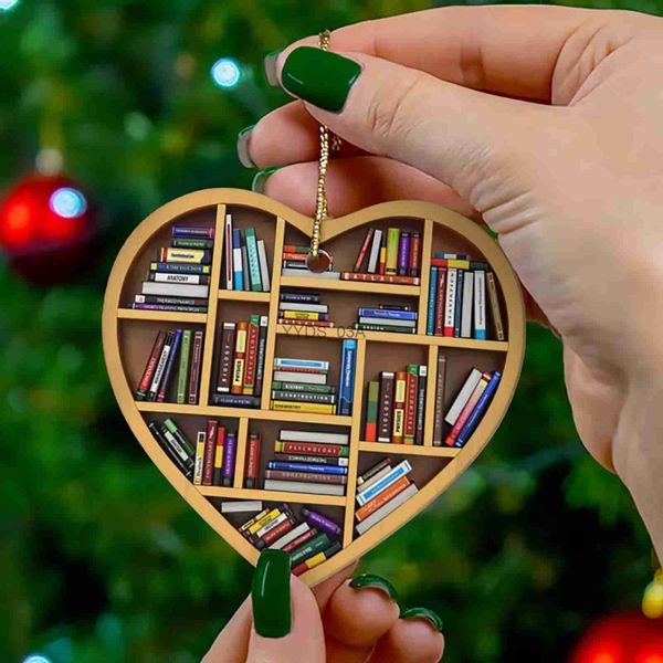 Decorazioni natalizie Ciondolo da scaffale a forma di cuore Acrilico stampato 2D Ornamento appeso Porta libri Decorazione dell'albero di Natale Regali per gli amanti dei libri YQ231113