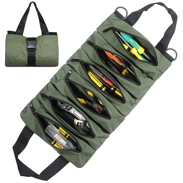 Tool Bag Canvas Tool Roll Up Bag Tool Pouch com 6 bolsos com zíper Ferramentas de grande capacidade Wrap Roll Storage Caixa de mão Handled Tote 230413