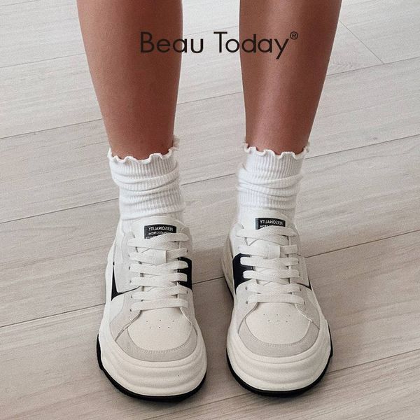 Sapatos de vestido BeauToday Chunky Sneaker Couro Patchwork Redondo Toe Cross Tied Design Plataforma Sole Senhoras Waffle Handmade 29161 230412