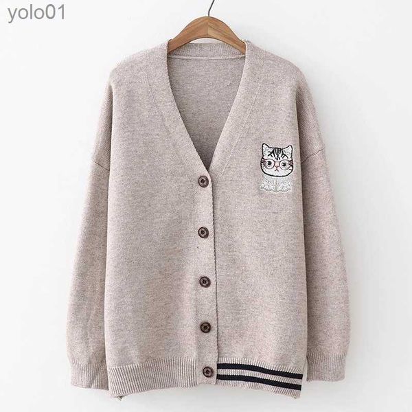 Suéteres femininos com estampa de gato de malha cardigan bonito botão formal até decote em v longo sle casaco outono inverno streetwear y2k estética retro suéterL231113