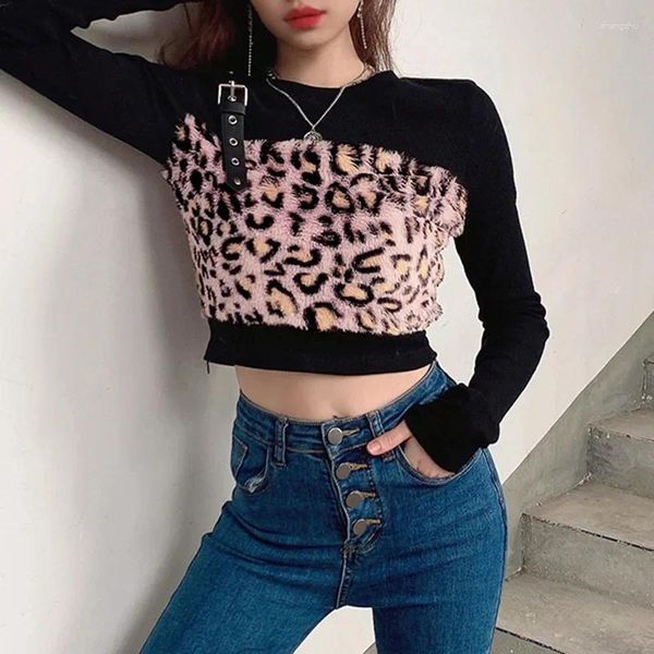 Camiseta feminina feminina menina curta umbilical bottoming top outono 2023 leopardo impressão pele costura em torno do pescoço de manga comprida pulôver t-shirt
