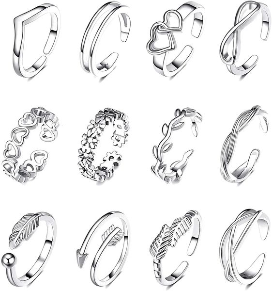 Anéis de casamento 12pcs anéis de dedo do pé ajustáveis para mulheres de aço inoxidável flor banda anel de cauda aberta mulheres verão praia pé conjunto de jóias 231102