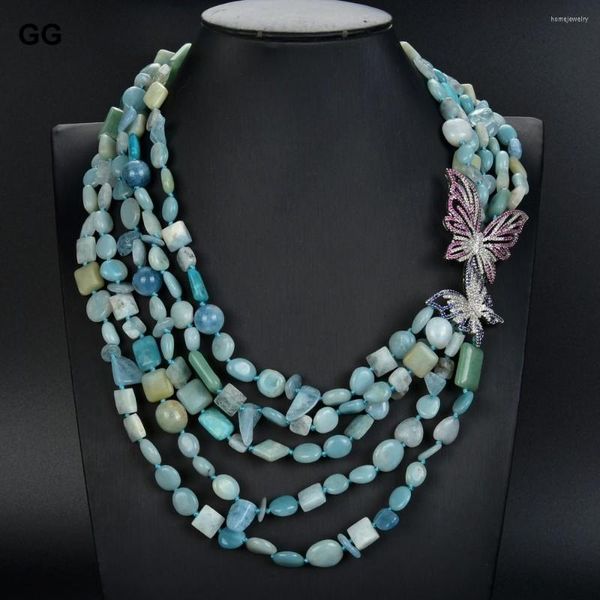 Anhänger Halsketten GuaiGuai Schmuck 5 Reihen Mix-Form Amazoniten Aquamarine Jade Kristall Halskette CZ Stecker für Frauen