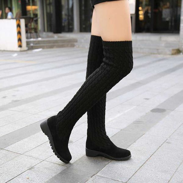 Botas 2021 botas de inverno de outono botas altas para sapatos femininos tricô de lã Bota longa mulher marrom bota preta