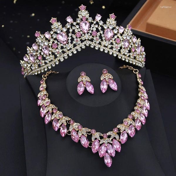 Collana orecchini set squisita sposa corona matrimonio per donne 3 pezzi diademi nuziali rosa accessori gioielli Dubai