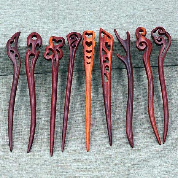 Fermagli per capelli Spilli in legno di sandalo rosso Bastoncini di legno Forchette Forcine cinesi intagliate a mano Copricapo Accessori per copricapo da donna