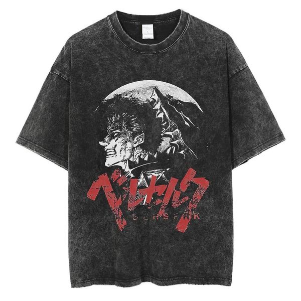 T-Shirts Masculinas Anime Berserk T-Shirt Estampada Preto 100% Algodão T-Shirt Guts Washed Retro T-Shirt Y2k Camisas de Manga Curta Summer Streetwear Tops 230413