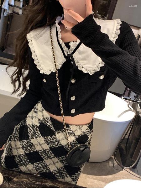 Damenpullover 2023 Basic Black Slim Y2k Crop Tops Frau Bogen Kawaii Strickpullover Strickjacke Casual Korean Fashion Design Jumper Büro