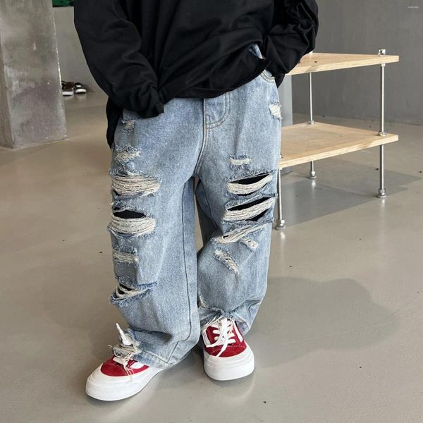 Hosen 2023 Herbst kinder Hosen Jungen Mode Lässig Riss Loch Jeans Baby Modische Schwarz Tuch Großen Schnitt