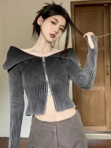 Maglieria da donna Y2k Coreano Acubi Nero Crop Top Zip Up Cardigan lavorato a maglia Harajuku Estetica Fata Grunge Felpe in maglia Abbigliamento donna