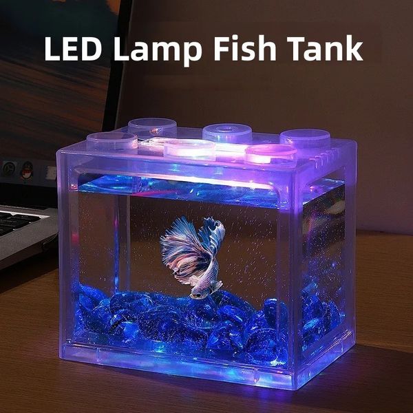Acquari Mini Fish Tank Creativo Building Block Cilindro di pesce LED Paesaggio Lampada Betta Pesce Decorazione acquario domestico para pecera 231113
