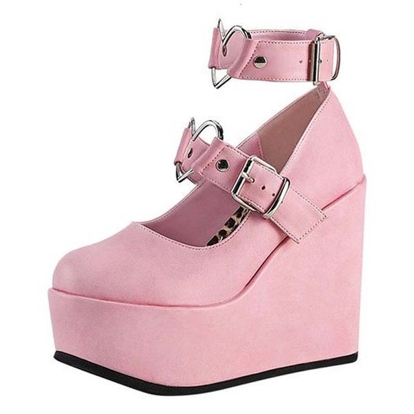 Платье обуви бренд дамы розовые милые милые женские насосы клинья высокие каблуки насосы модные платформа лолита готическая обувь женщина 230413