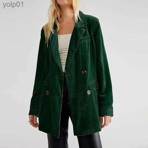 Casacos de Trench das Mulheres 2023 Casual Outono Mulheres Velvet Blazer Vintage Cor Sólida Long Sle Double Breasted Office Lady Party Long Jacket CoatL231113
