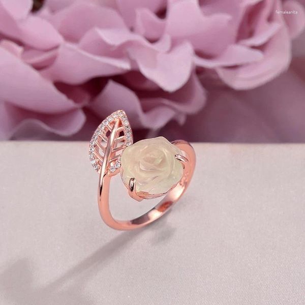 Anéis de cluster jóias finas para mulheres sólida 925 prata 10 10mm natural prehnite pedra preciosa grande flor rosa folhas anel de luxo R-PR014