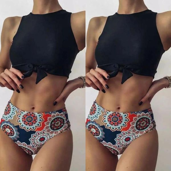 Costumi da bagno da donna 2023 Bikini con stampa digitale a vita alta con collo alto europeo e americano