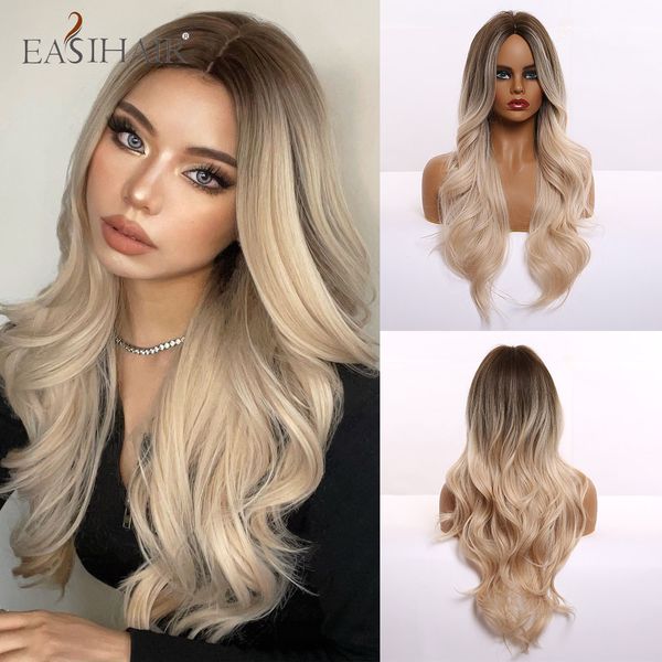 Cosplay Wigs Easihair ombre marrom marrom clara loira platina longa ondulada ondulada parte de cabelos Cosplay Cosplay Natural resistente ao calor peruca sintética para mulheres 230413