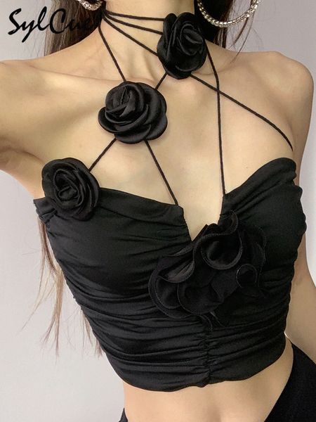 Camisoles Tanks Sylcue Black Rose misteriosa sexy elástico glamouroso apertado maduro feminilidade glamour party feminino feminino colheita de peito top 230412