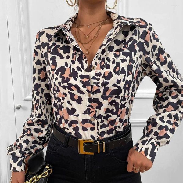 Frauen Blusen Weibliche Button-Down-Shirts Autumnturn Neck Roll Up Langarm Hemd Mit Brust Tasche Print Sexy Tops Kleidung