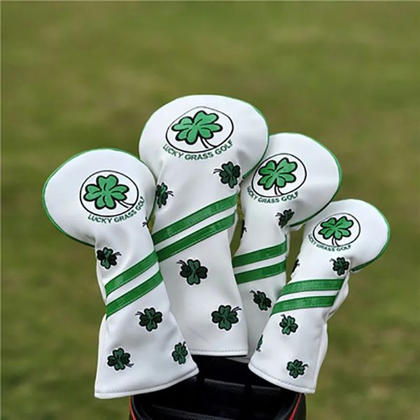 Andere Golfprodukte Good Luck Four Leaf Clover Golf-Abdeckung für Fahrer, Fairway, Hybrid-Blade, Putter, PU-Leder, Eisen, Schlägerhauben, weiß, schwarz, Schutz 231113