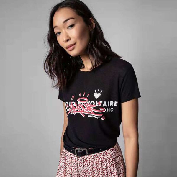 23 Sommer New French Style Zadig Voltaire Esigner T-Shirt Letter Love Print Hot Drill Cotton Round T-Shirt Neck Black Damen Kurzarm T-Shirt