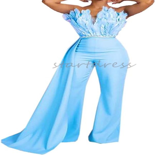 Macacão de luxo vestido de noite com penas de avestruz cetim plus size aso ebi vestido de baile com calça sem alças festa formal grande gatsby mariage vestidos de gala vestido de baile