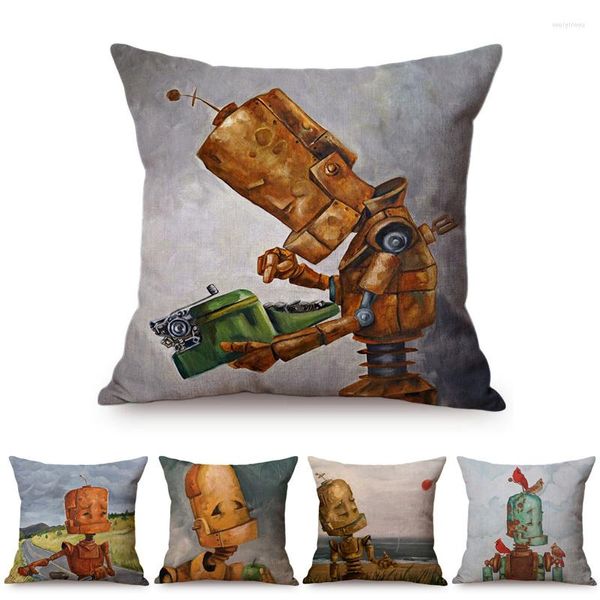 Kissen, niedlicher Roboter, Cartoon, lustiges Design, Zuhause, dekorativer Überwurf, Kinder-Kinderzimmer, Kunstzimmer, Sofa, Stuhl, Leinen, quadratisch