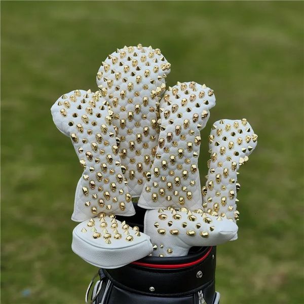 Andere Golfprodukte Golfschlägerabdeckung mit goldenen Totenkopfnieten PU-Leder für Driver Fairway 1# 3# 5# Hybride Golfschlägerabdeckungen Magnetverschluss personalisiert 231113