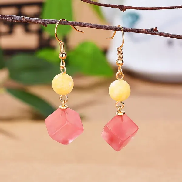 Brincos de garanhão estilo chinês rhodochrosite quadrado açúcar eardrops banhado 24k ouro incrustado pendurado orelha gancho studs feminino selvagem pequeno e