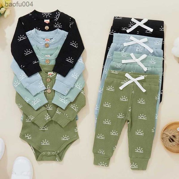 Conjuntos de roupas recém-nascidos bebê meninos meninas roupas de inverno algodão malha com nervuras sun print manga longa bodysuits calças casuais outfits