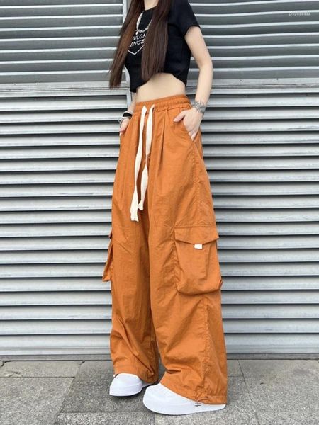 Женские брюки HOUZHOU, женские широкие брюки-карго в стиле Харадзюку, оранжевые свободные брюки для бега в стиле хип-хоп, женские мешковатые брюки в стиле хиппи, повседневная корейская мода