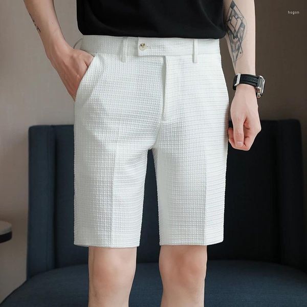 Shorts masculinos verão reto ajuste na altura do joelho curto terno calça sólida preto cáqui roupas cores casual homem xadrez