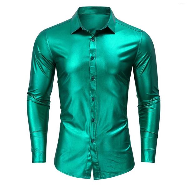 Camisas de vestido masculinas homens elegante verde metálico brilhante 70's Disco Nightclub Regular Fit Prom Roupas Festa Banquete Casamento Chemise Homme