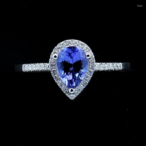 Rings de cluster Helon Solid 10k Gold Pear Cut 0,9ct Tanzanita Diamantes anel de casamento para mulheres Aniversário de aniversário
