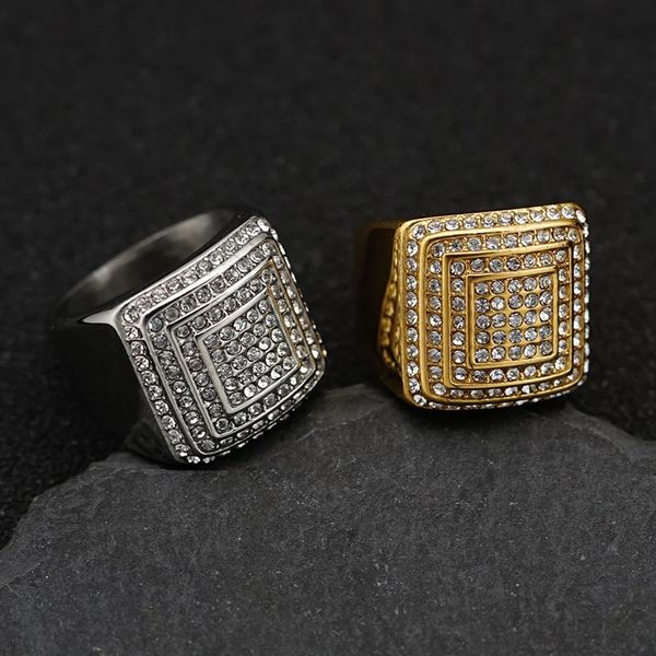 Anéis de banda Hip Hop Bling Iced Out Aço Inoxidável Arco Quadrado Anéis de Dedo para Homens Rapper Jóias Cor Dourada 231113