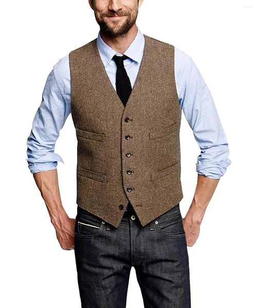 Herrenwesten Herringbone Braun Herrenweste Wolle Tweed Business Weste Jacke Lässig Slim Fit für Groosmen Mann Hochzeit