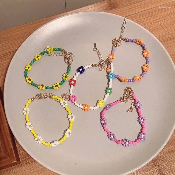 Link pulseiras coreano bonito margarida flor pulseira para mulheres meninas colorido frisado artesanal elástico pulseira pulseras jóias atacado 2023