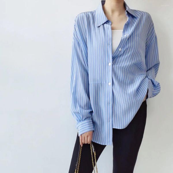 Blusas femininas estilo requintado francês azul e branco listrado impresso camisa de manga comprida botão solto seda amoreira tops femininos