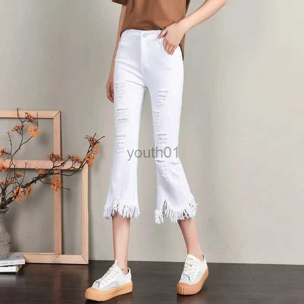 Frauen Hosen Capris Zerrissene Jeans Frauen Sommer Neue Hohe Taille Schlank Quaste Sieben Punkte Flare Hosen Solide Vintage Koreanische Mode Denim Hosen Weibliche zln231113