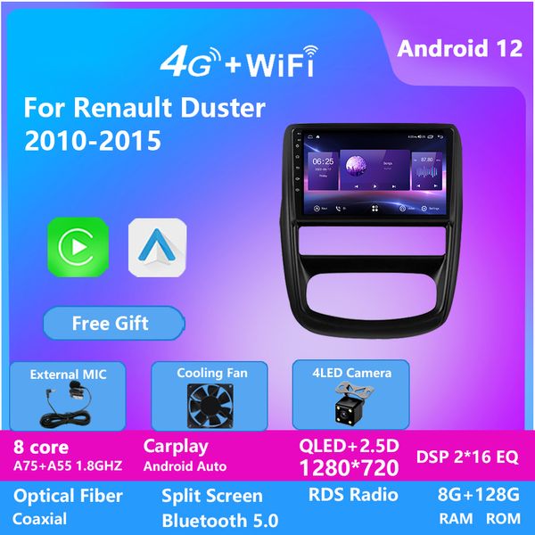 Touch Screen Video Multimedia 2 DIN 10 polegadas Audio Android 12 Car Rádio para Renault Duster 2010-2015