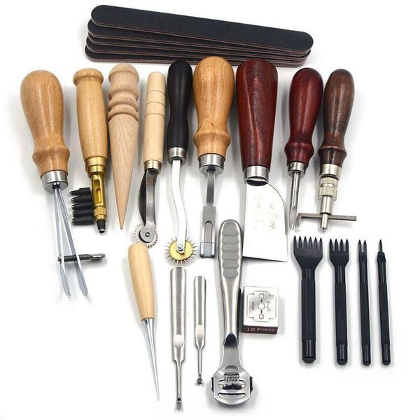 Freeshipping Couro Craft Punch Tools Kit 18pcs Costura Escultura Trabalhando Costura Sela Groover Artesanato De Couro DIY Ferramenta MWBXP