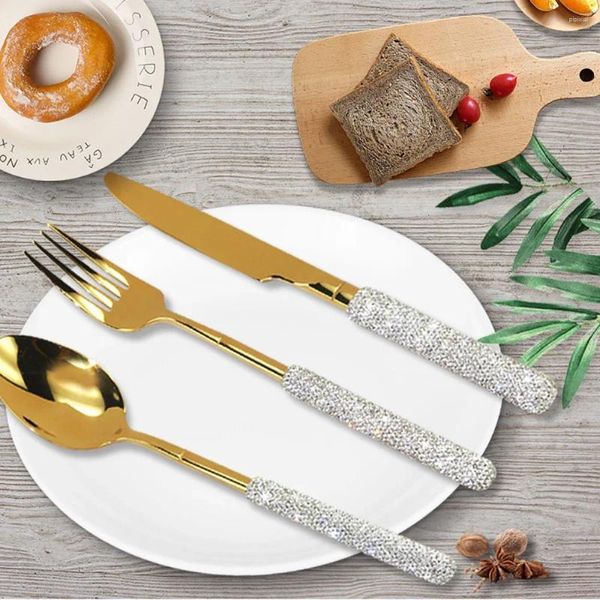 Set di stoviglie 3 pezzi Cucchiaio Forchetta Coltello Strass scintillanti Posate Bistecca domestica Stoviglie in acciaio inossidabile con diamanti per la cena in cucina