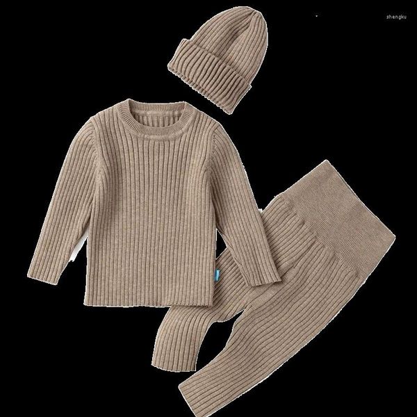 Kleidungssets Babykleidung Herbst Winter Kleine Jungen Mädchen Anzug Geborenes Kleinkind Outfits Gestrickte Tops Hosen Hüte 3-teiliges Set