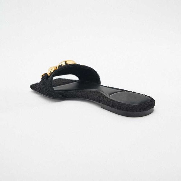 Sandals NXY Black Flats com Chain Women Women Elegante Tweed Slippers Fashion Fashion Toe Sapatos planos Mulher Autumn Comfort Casual 230406