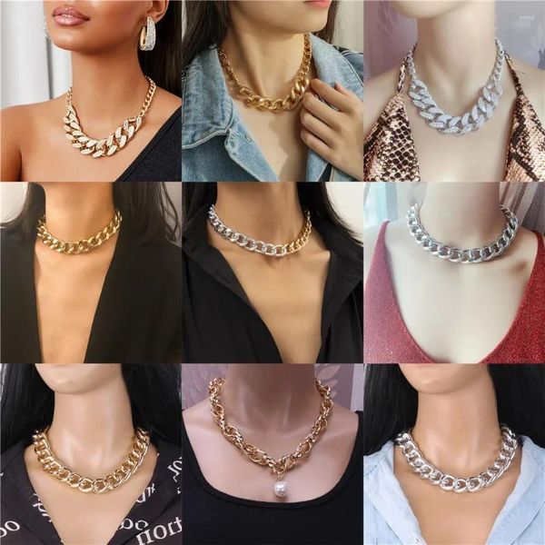 Anhänger Halsketten Mode Barock Kristall Metall Dicke Kette Halskette Für Frauen Männer Vintage Punk Hip Hop Vergoldet Silber Farbe Choker