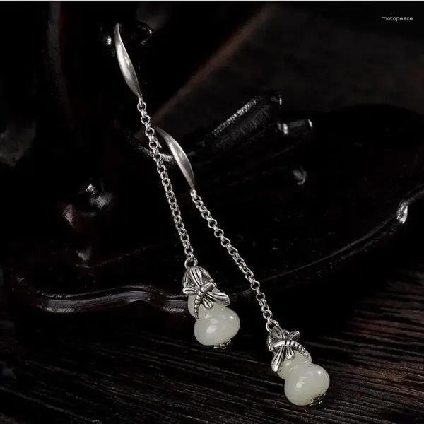 Серьги-гвоздики Hetian Jade Gourd S925, стерлинговое серебро, женские длинные элегантные в стиле ретро