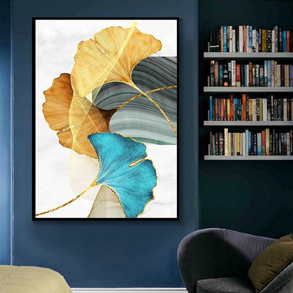 Blau Grün Gelb Blattgold Pflanze Blume Leinwand Poster Drucken Nordische Abstrakte Wandkunst Malerei Moderne Wohnzimmer Dekor Bilder