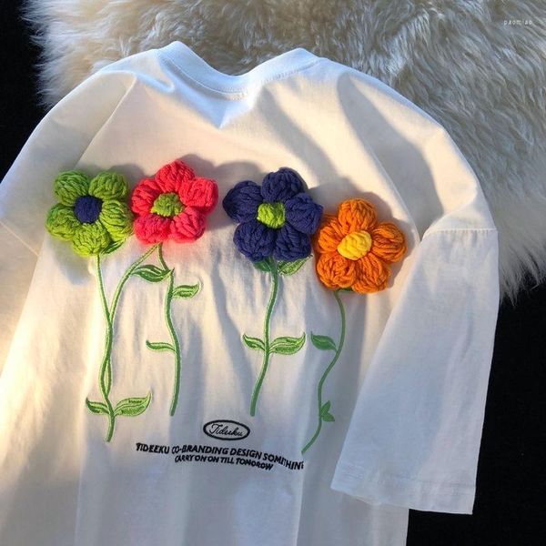 Damen-T-Shirts, Sommerapplikationen, Blumen, süßes Mädchen, Kawaii-Kleidung, hochwertige Baumwolle, große 2XL-T-Shirts, Harajuku, lässige Teenager