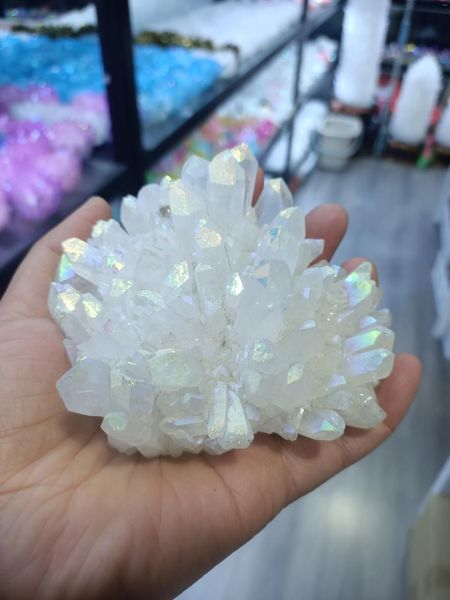 Dekoratif Figürinler Toptan Nadir Beyaz Melek Aura Quartz Noktası Elektrokaplanmış Kristal Küme