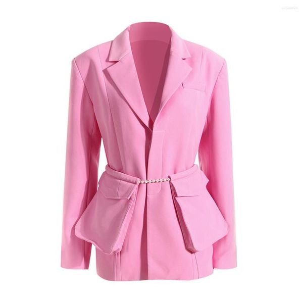 Ternos femininos Terno rosa Feminino 2023 Spring Chain de pérolas grande bolso decorativo cantor cantores usam personalidade de moda fora de moda
